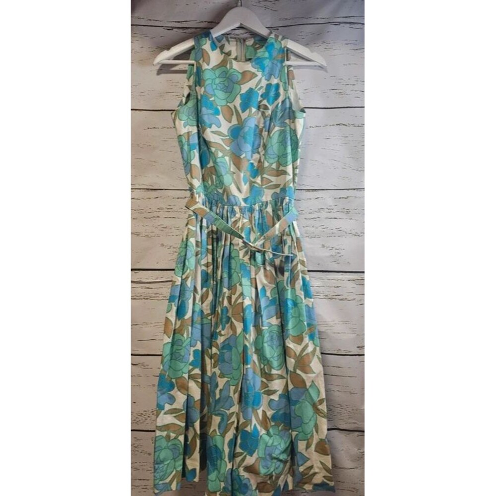 Vintage 60s Blue Green Floral Maxi Dress with Matching Belt